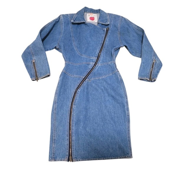 1980s Vintage Denim Zip Front Dress by Santana Size 6 Motorcycle - Picture 5 of 11